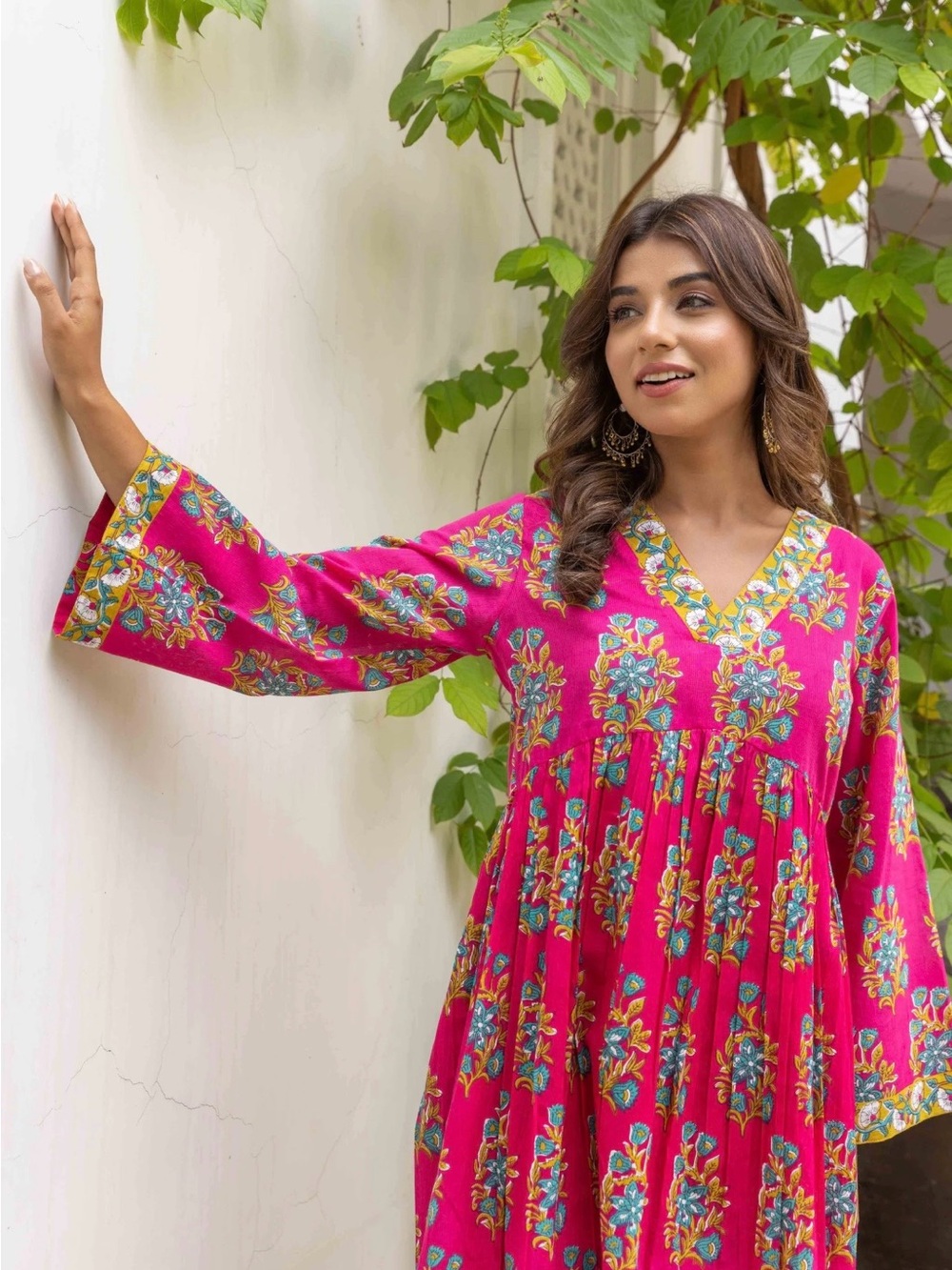 Tara C Tara Pink Boho Floral Babydoll Tunic Dress Size L 3/4 Sleeve